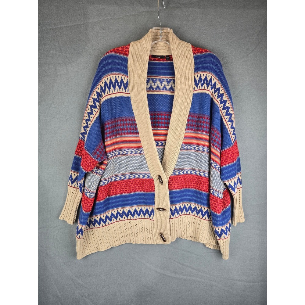 Dex Cardigan Women XS Tan Blue Red Aztec Geometric Knit Toggle Shawl Collar Boho